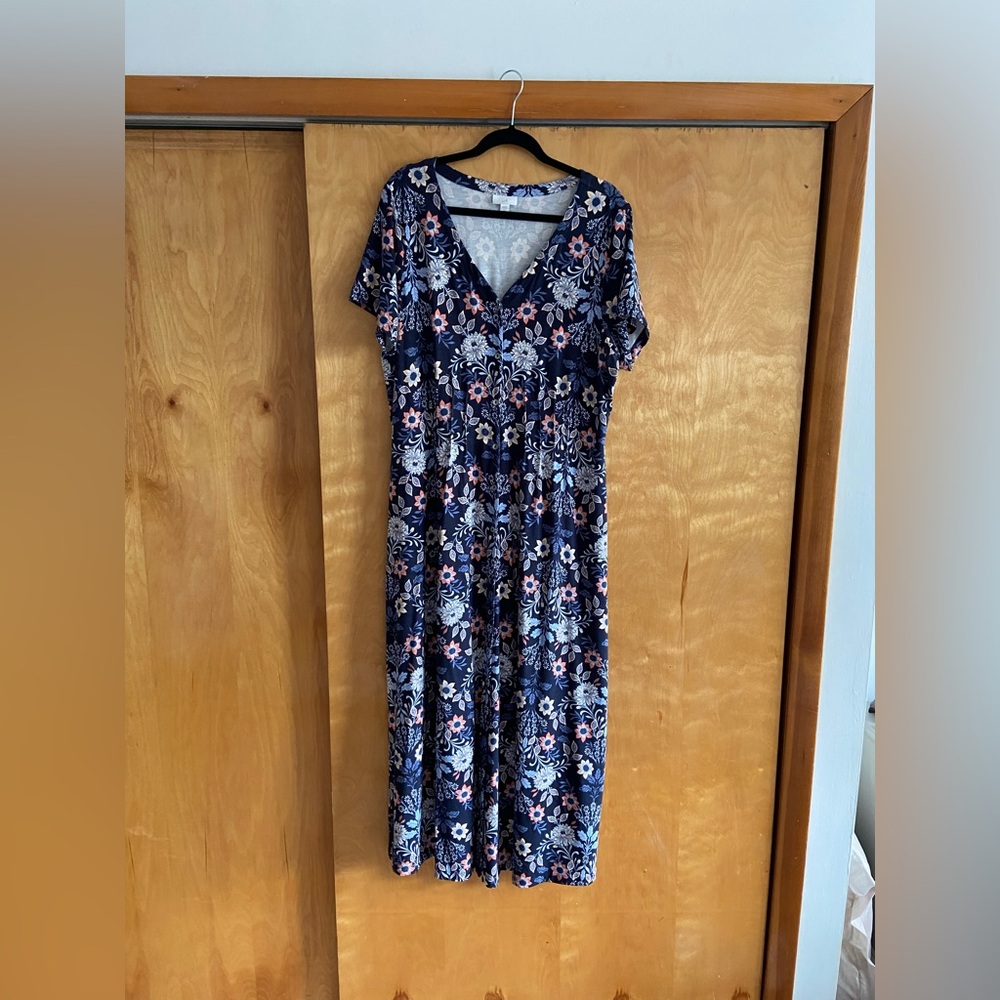 J.Jill Floral Navy Maxi Dress, Size Large Tall